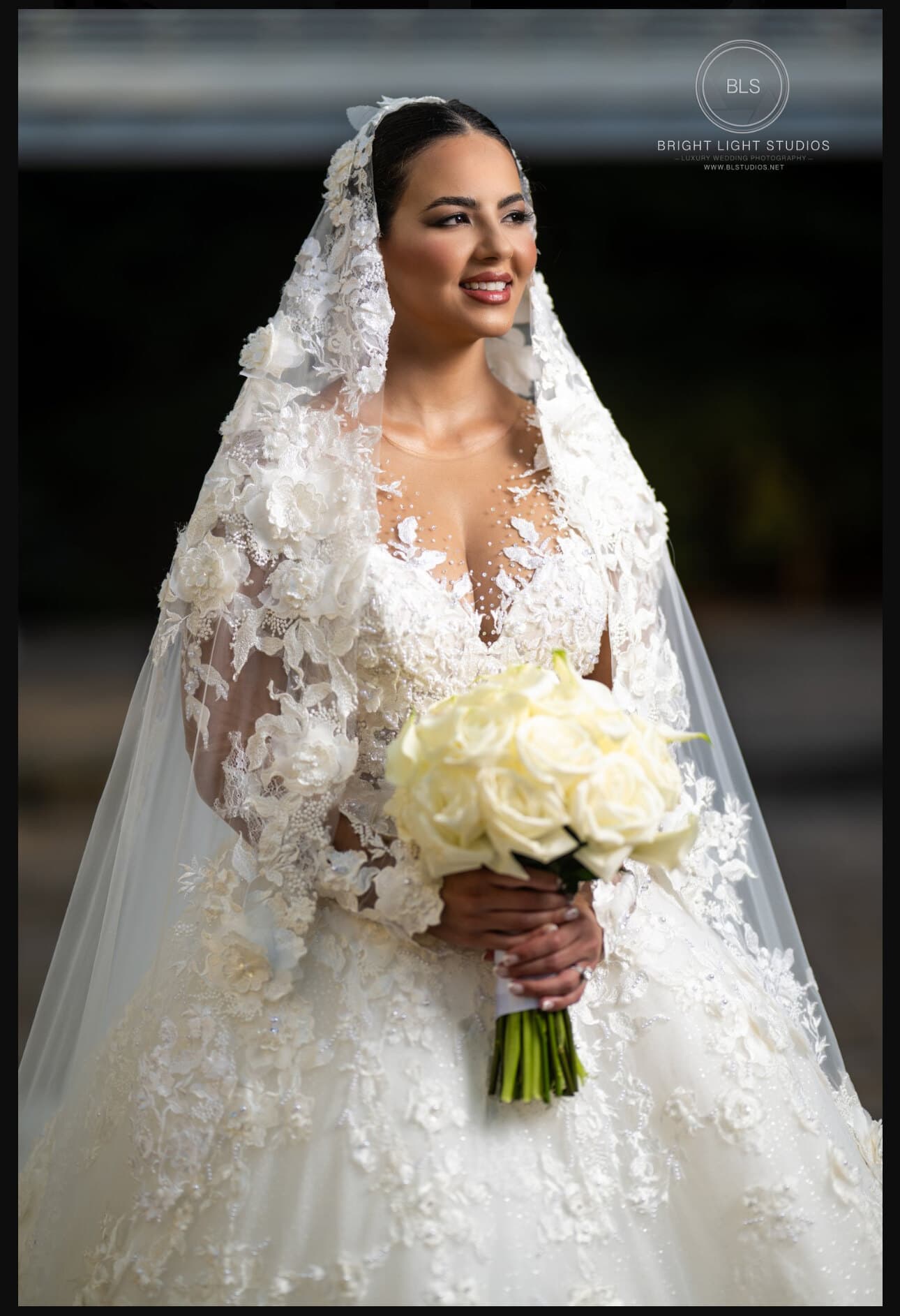 Bride with bouquet, natural-glam wedding makeup