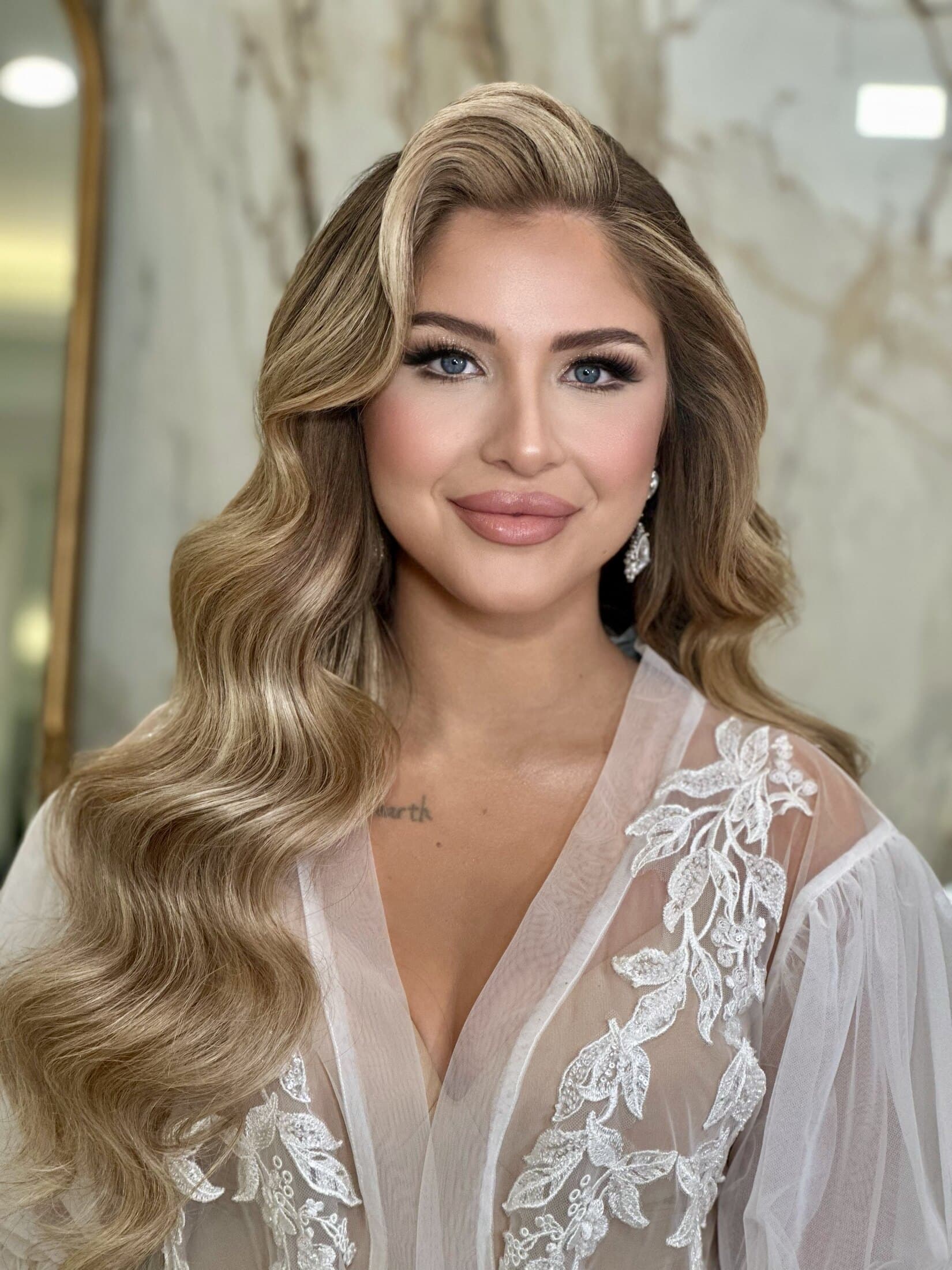 Getting-ready glam in robe, radiant complexion
