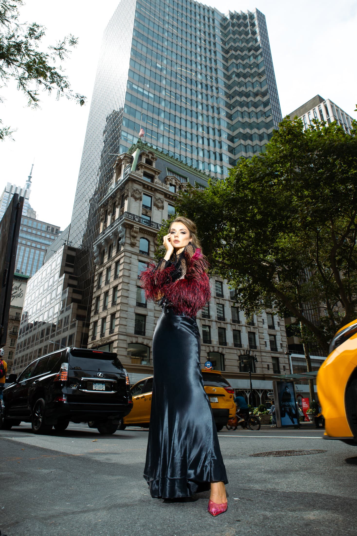Grazia magazine editorial in New York City, gown and glam makeup by Malaz on Fifth Avenue